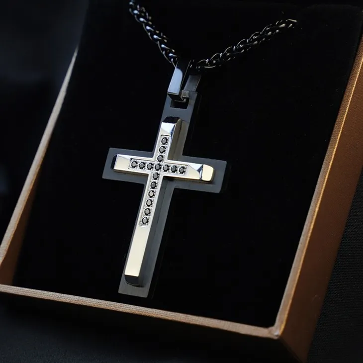 Stainless Steel Cubic Zirconia Cross Pendant Necklace for Men 03 Stainless Steel Cubic Zirconia Cross Pendant Necklace for Men 03
