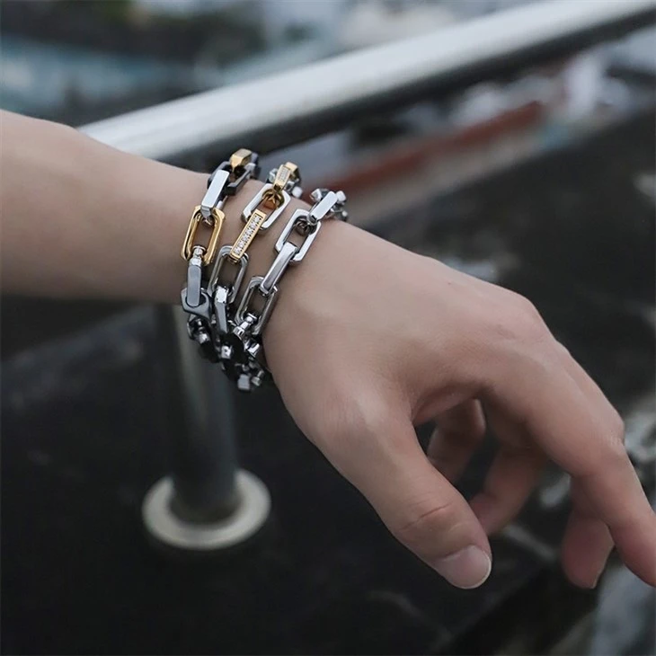 Stainless Steel Rectangular Link Chain & Bracelet Set With Zircon Accent high quality Stainless Steel Rectangular Link Chain & Bracelet Set With Zircon Accent high quality